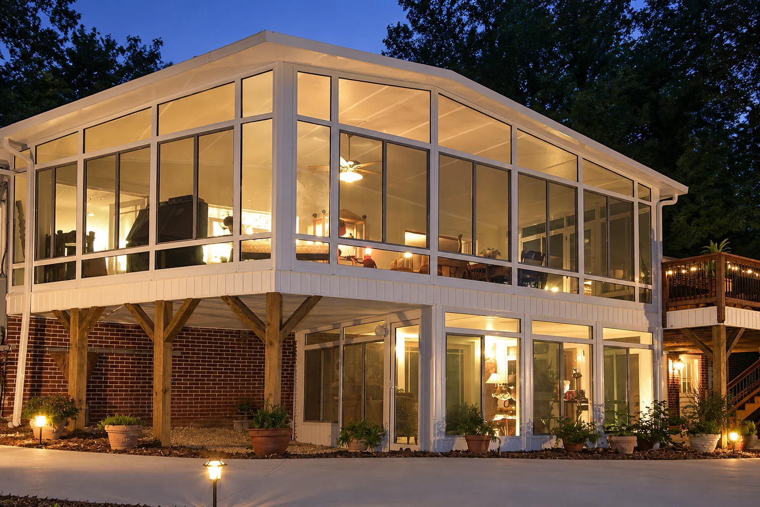 Two-story sunroom with white framing and broad glass walls glows warmly at dusk beside a brick house.