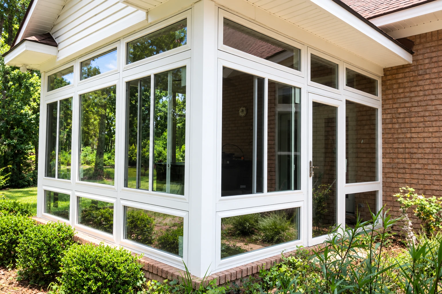 White-framed, glass-enclosed sunroom with a low brick base, set beside a brick house and garden.