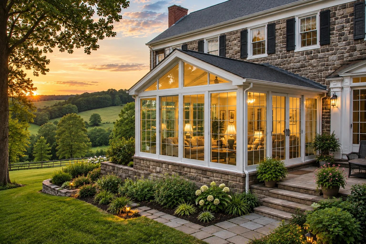 Custom sunroom addition with white-framed windows attached to a stone house, glowing at sunset beside a landscaped garden.