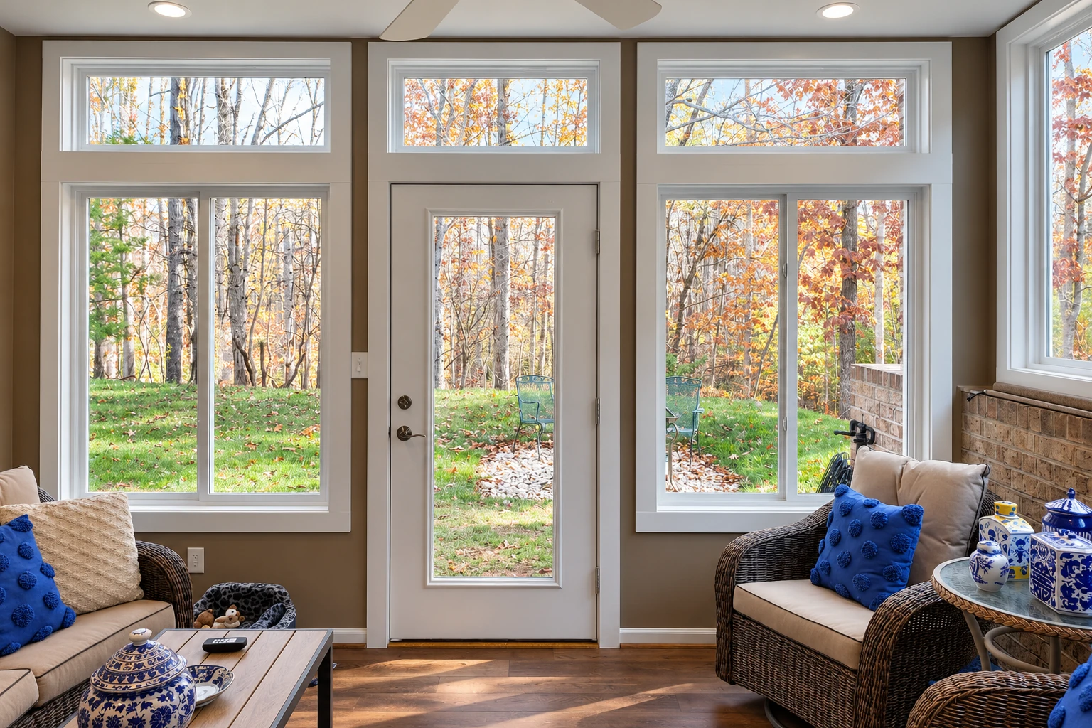 Cozy enclosed sunroom with tall windows and a glass door overlooking autumn trees, furnished with wicker chairs and blue accents.