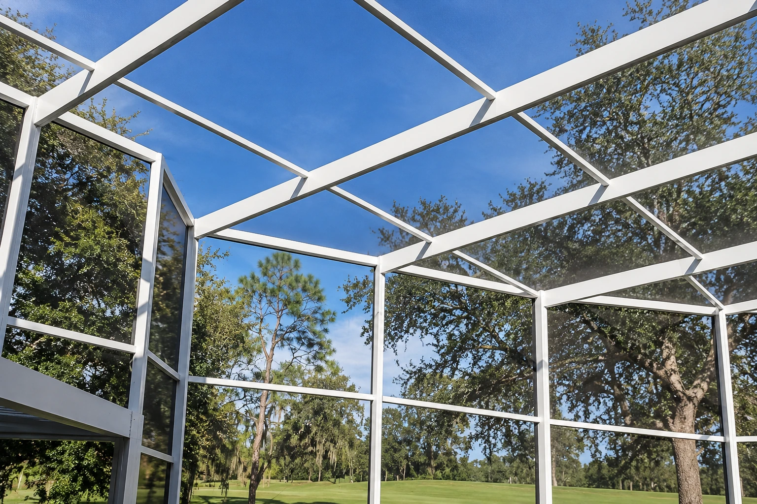 White-framed patio enclosure with screened walls and roof looks out onto trees and a green lawn under blue sky.