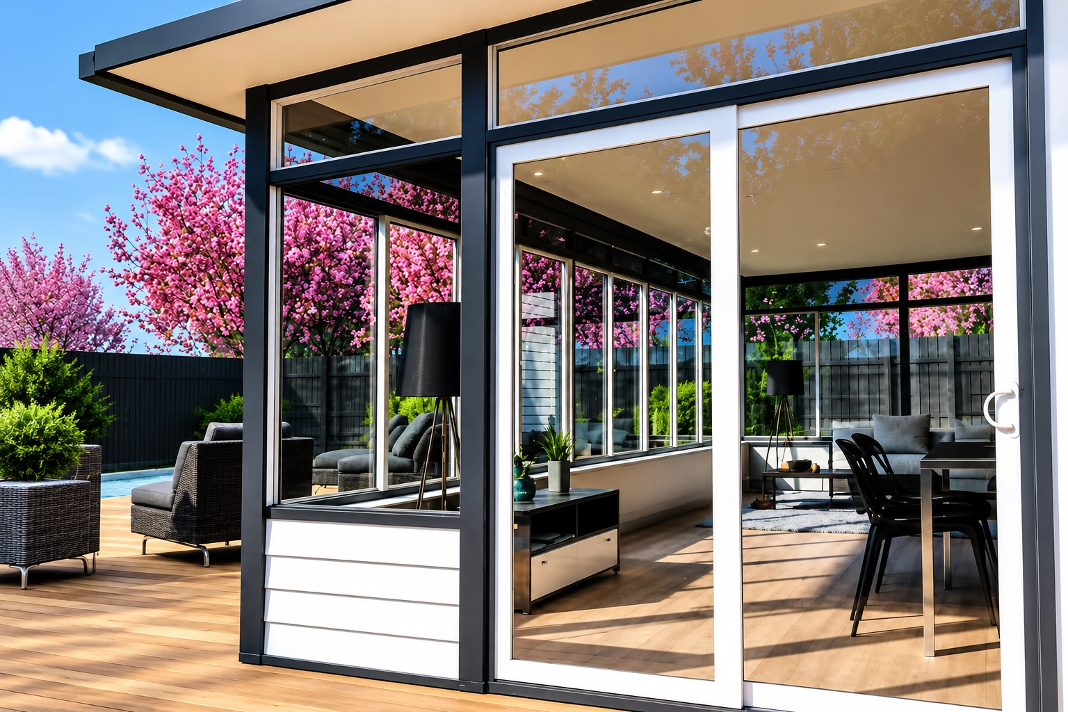 Modern four-season sunroom with dark frames and sliding glass doors, opening onto a wooden deck beside flowering trees.