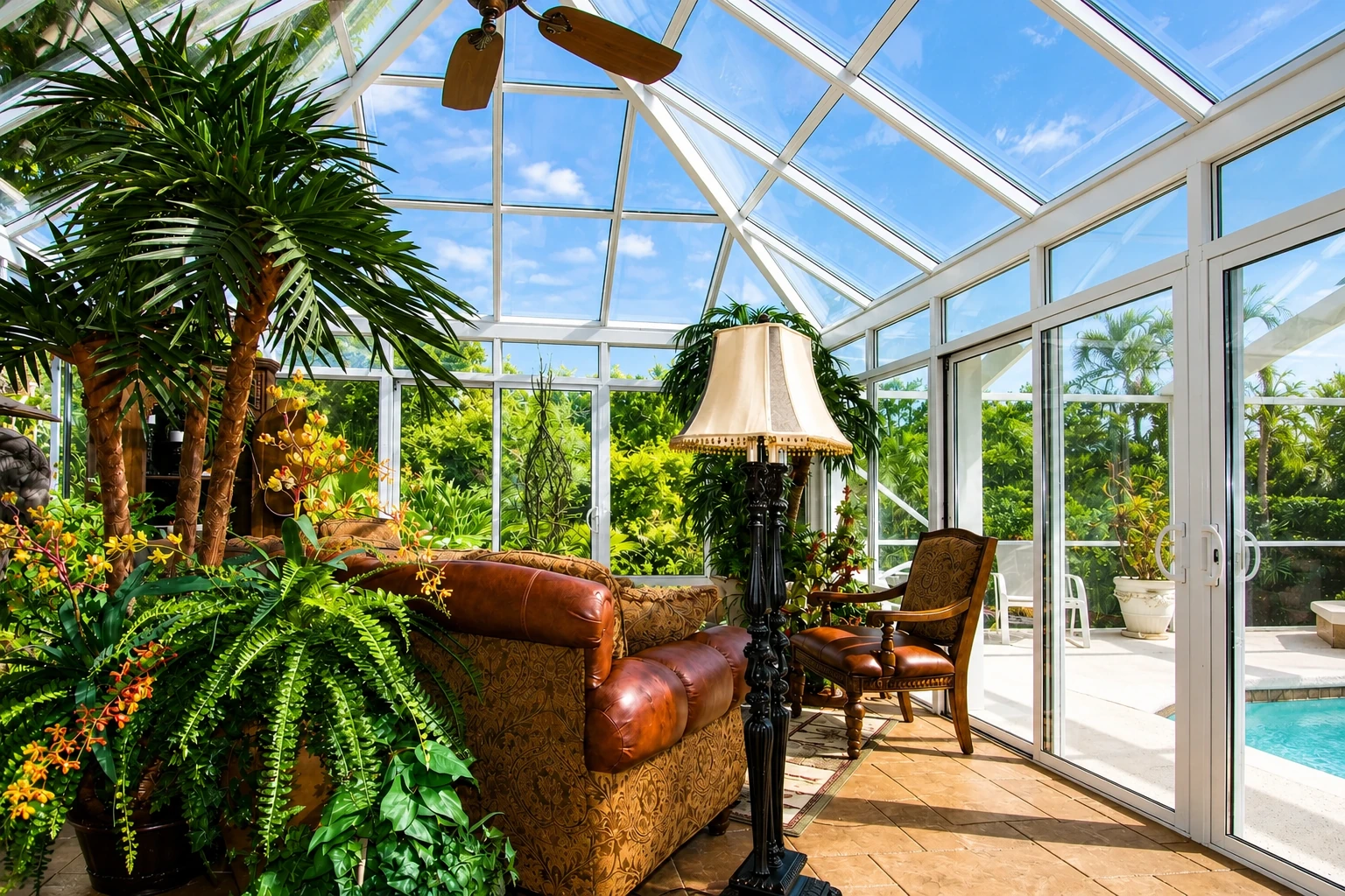 A bright four-season sunroom has a glass roof and walls, tropical plants, leather seating, and views of a pool.