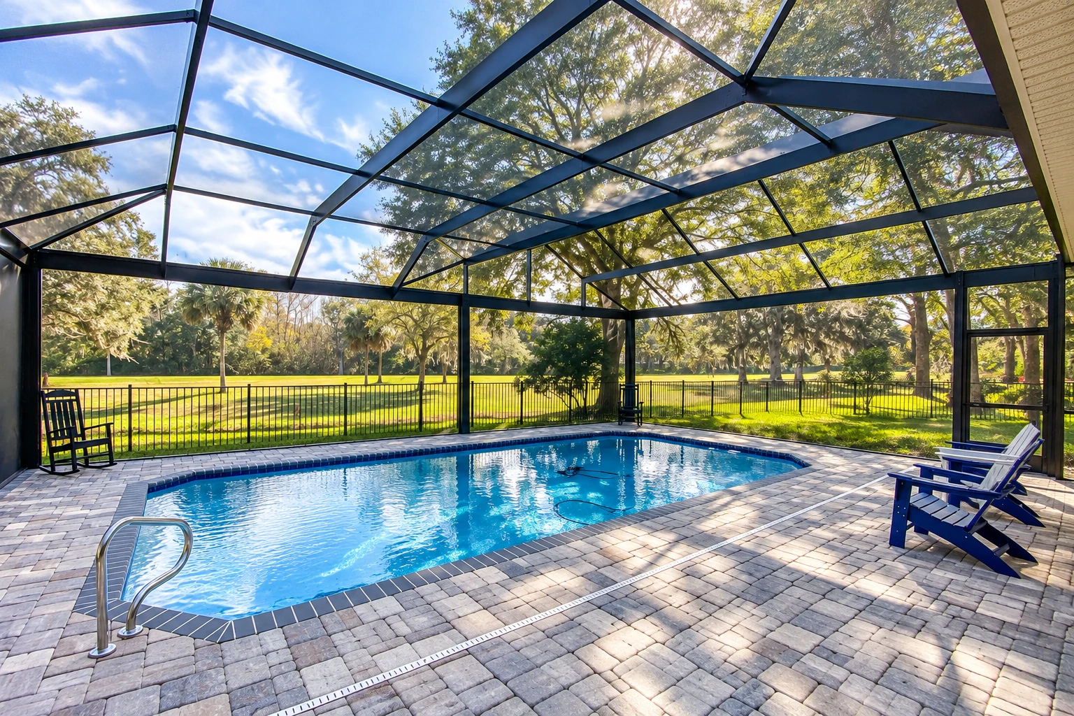 Screened patio enclosure with a black-framed roof surrounding a swimming pool and paved deck.