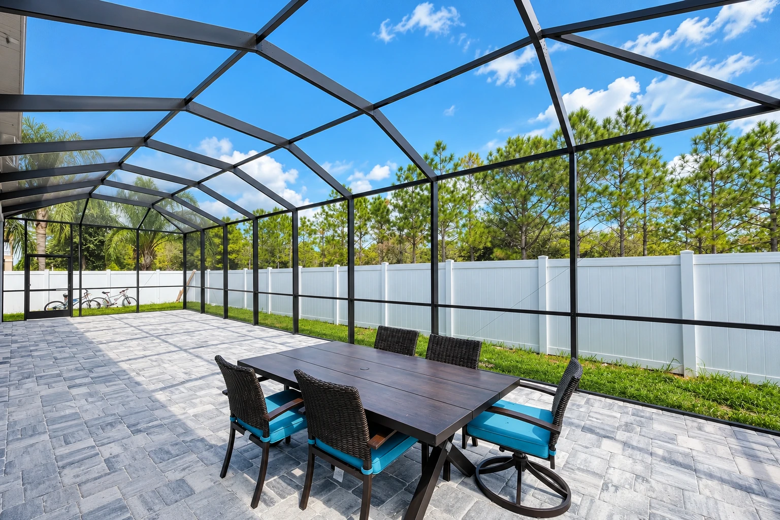 Black-framed screened patio enclosure with a gray paver floor, dining table, and white fence beyond.