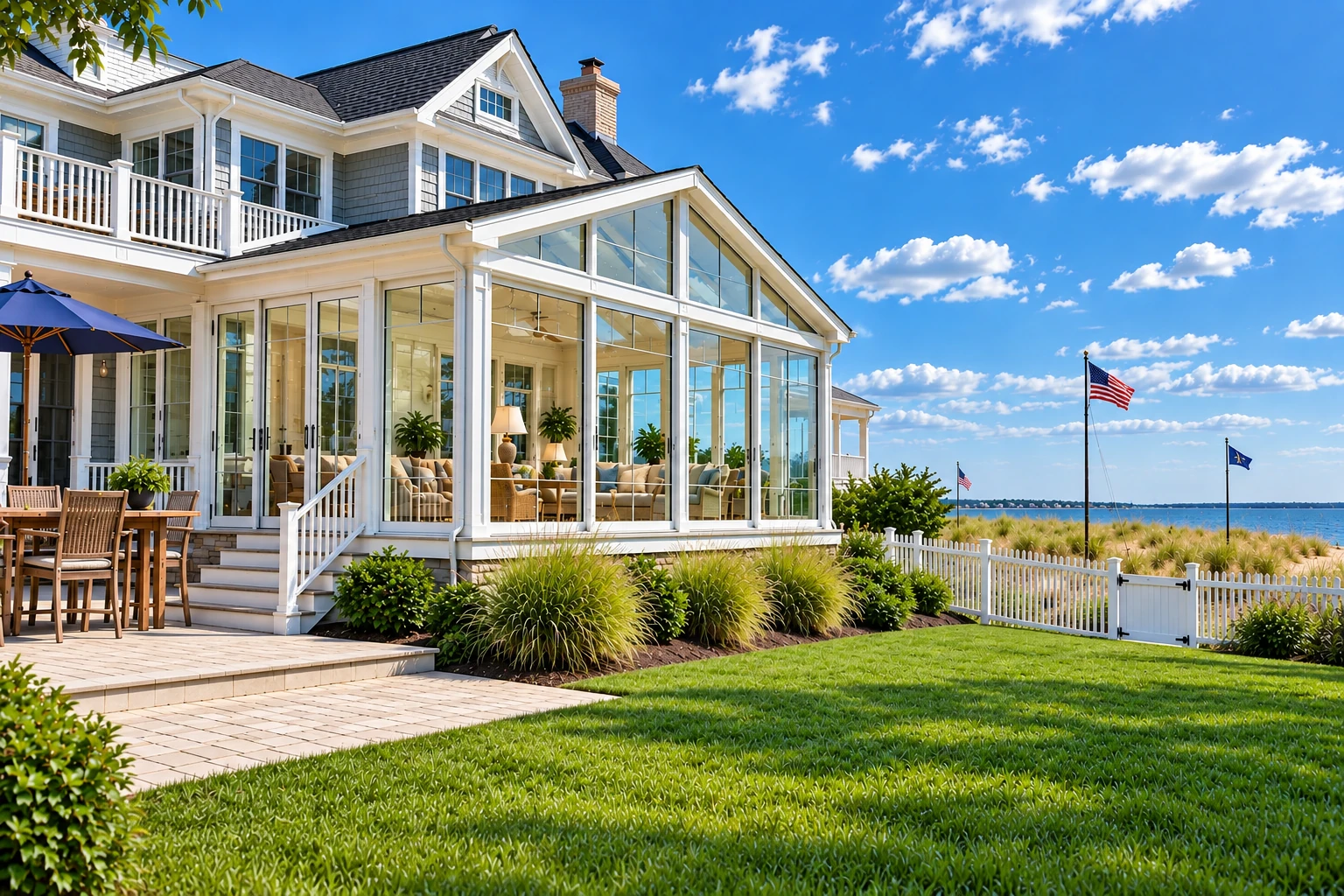 Glass sunroom addition with white framing on a large house beside a lawn, patio furniture, and a waterfront view.