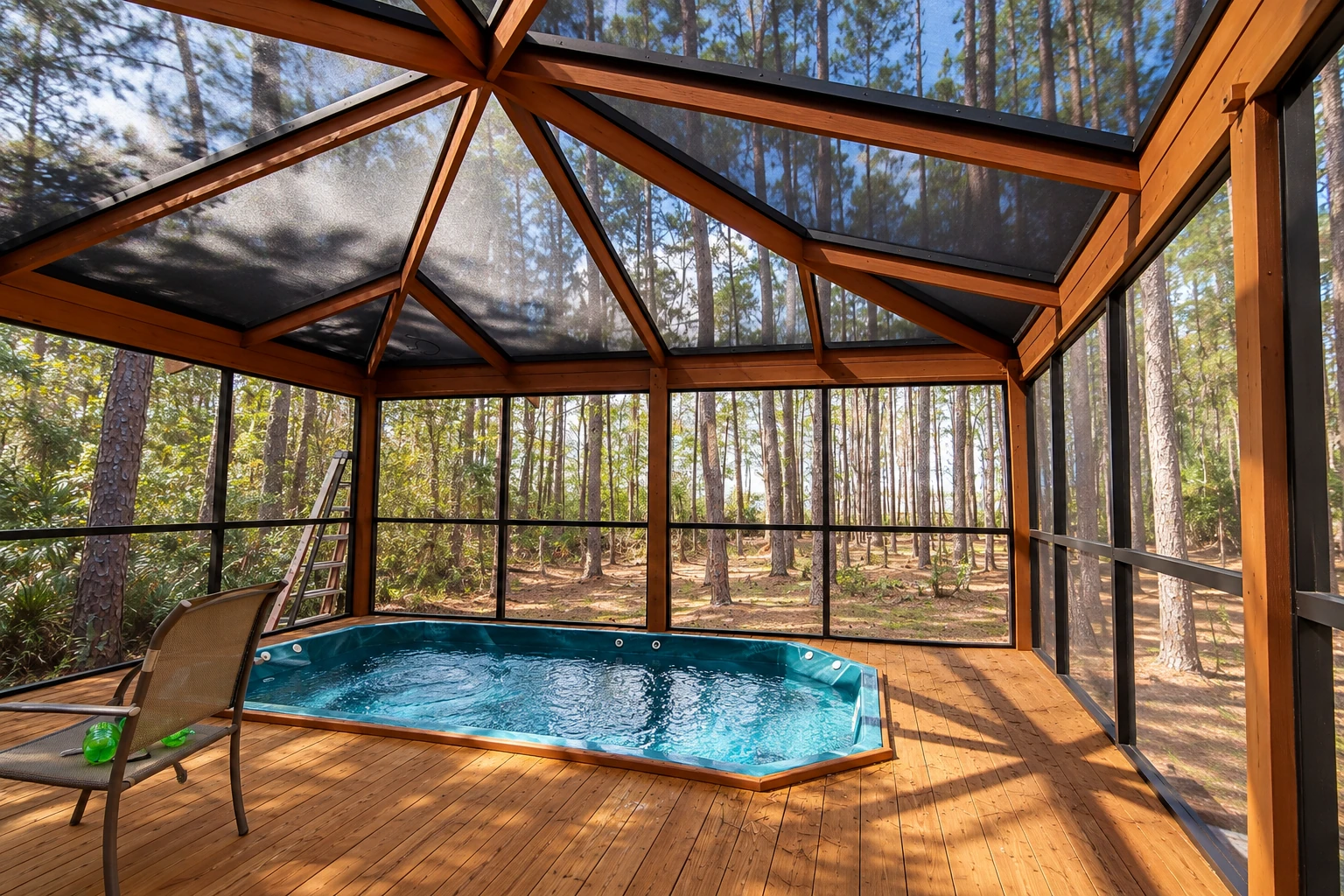 A screened patio enclosure with a timber frame surrounds a small pool and deck, with wooded views through the mesh walls.