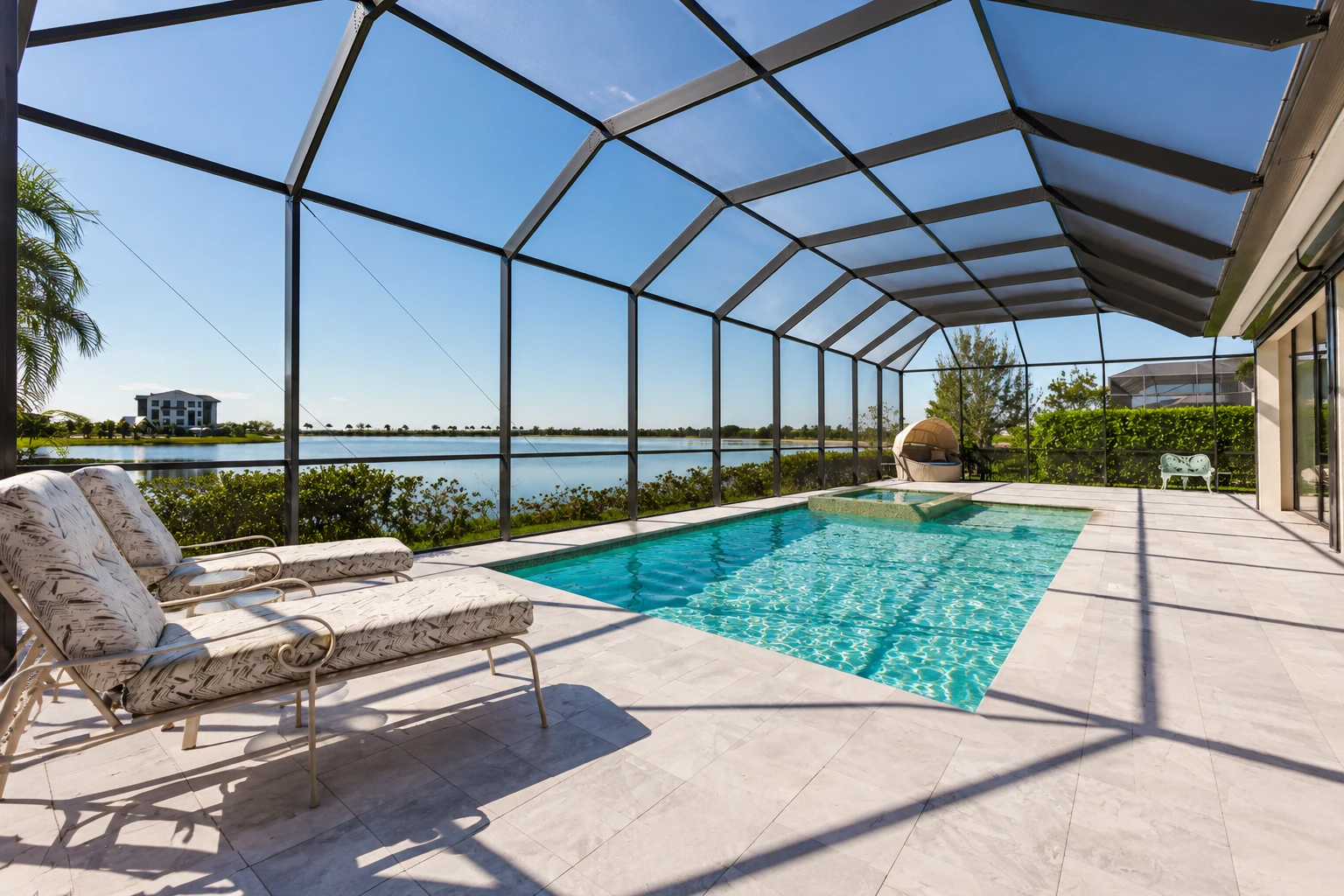 Screened pool enclosure with a high black frame, turquoise swimming pool, and lounge chairs beside the water.
