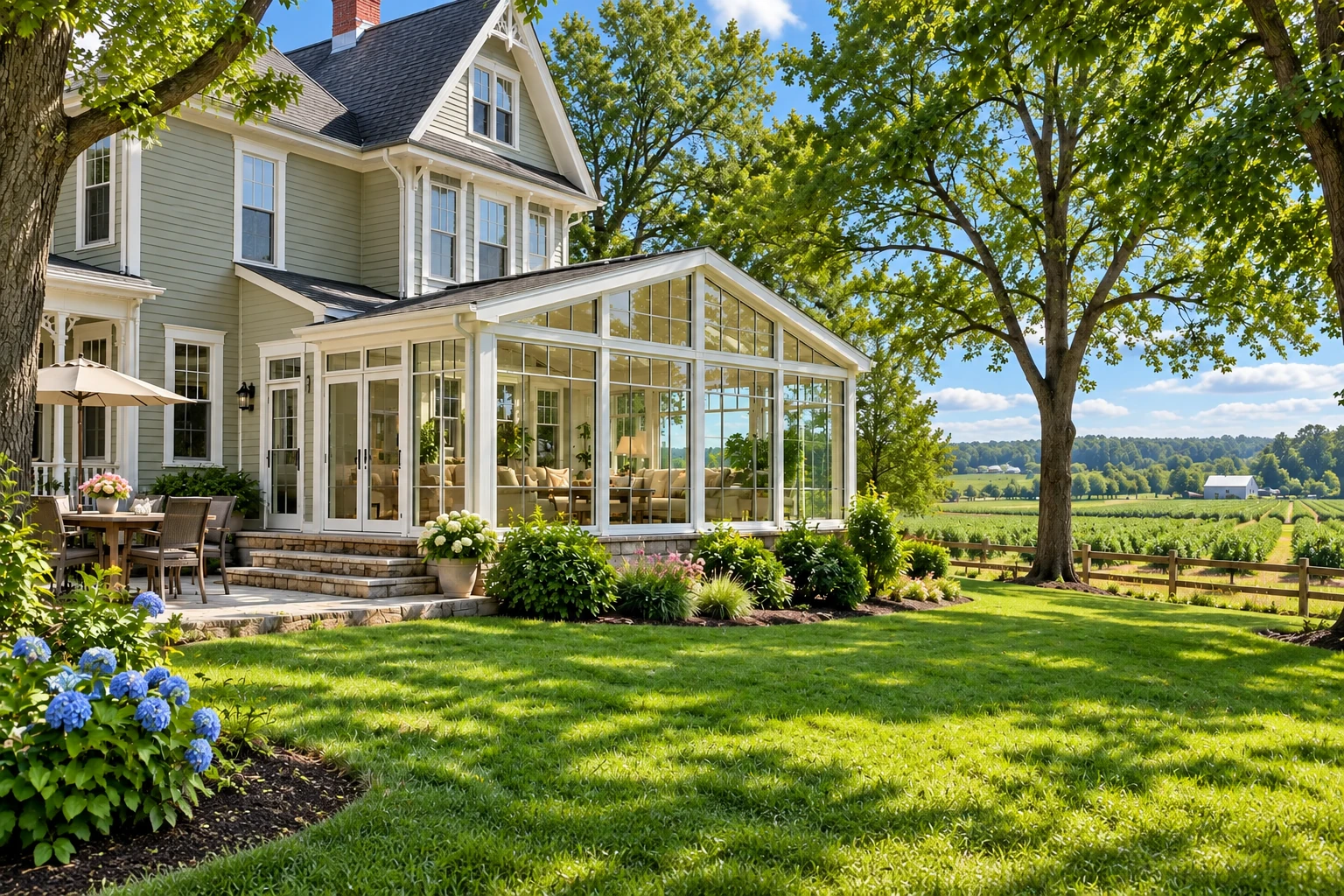 A custom glass sunroom addition extends from a light-colored home, surrounded by a leafy lawn, garden beds, and mature trees.
