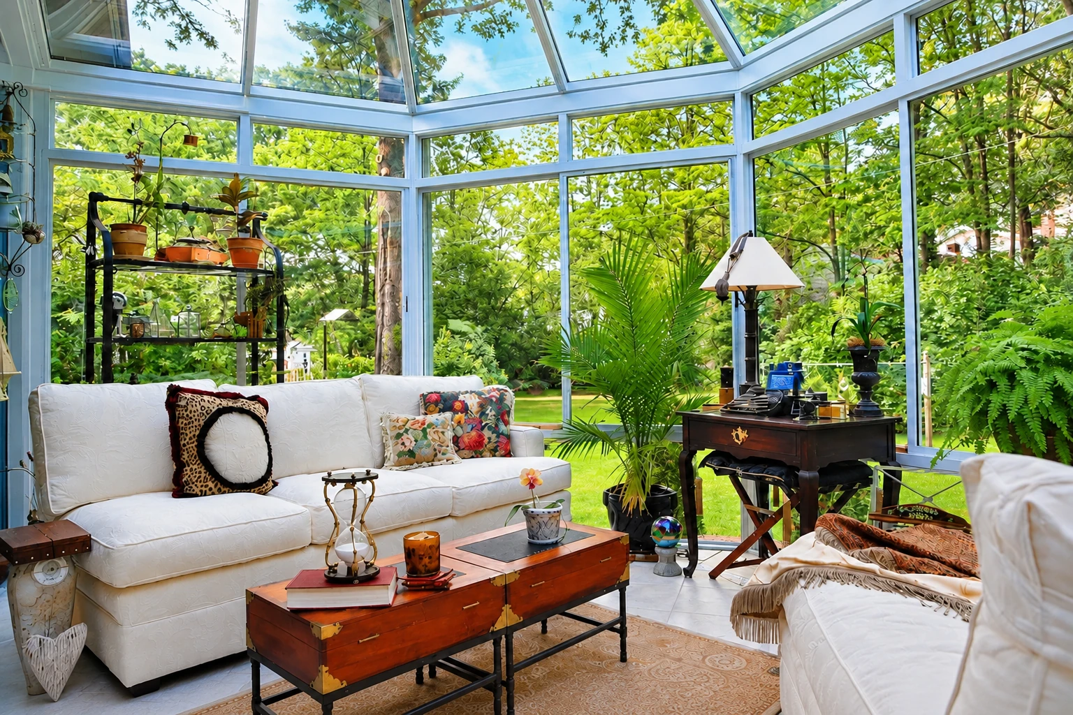 Bright glass sunroom with a sloped glass roof, white sofas, potted plants, and leafy trees visible outside.