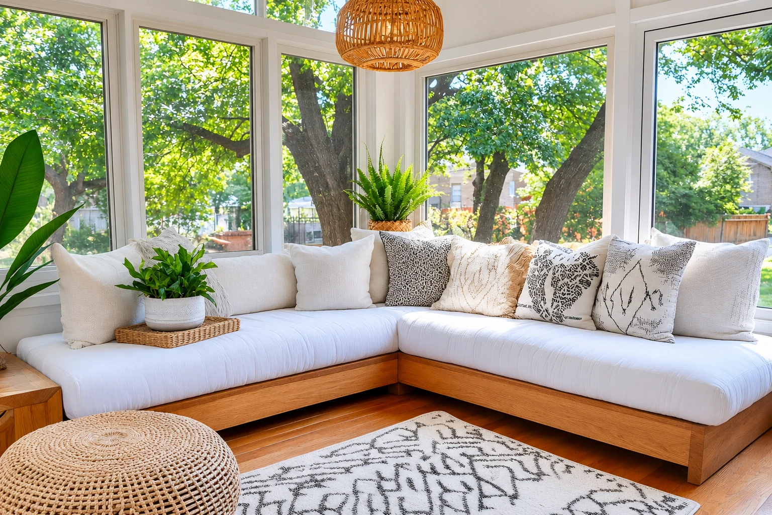 Bright sunroom with a white L-shaped sofa, patterned pillows, plants, and large windows overlooking leafy trees.