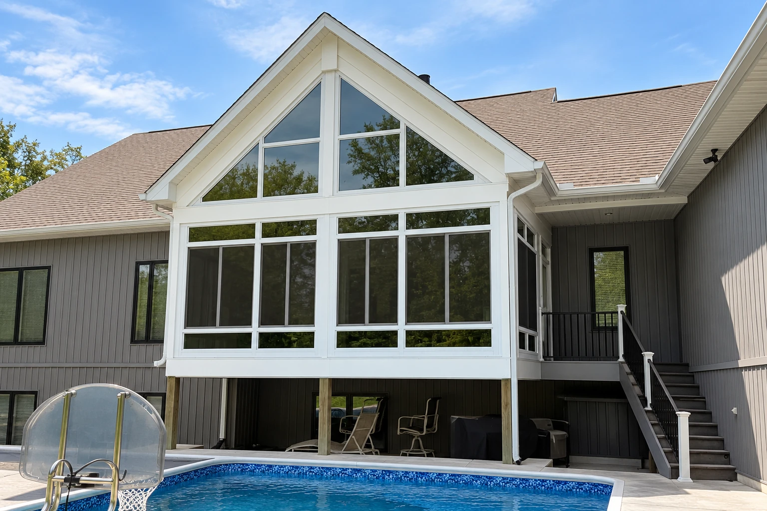A newly built, white-framed sunroom with a tall peaked glass front stands above a swimming pool beside a gray home.