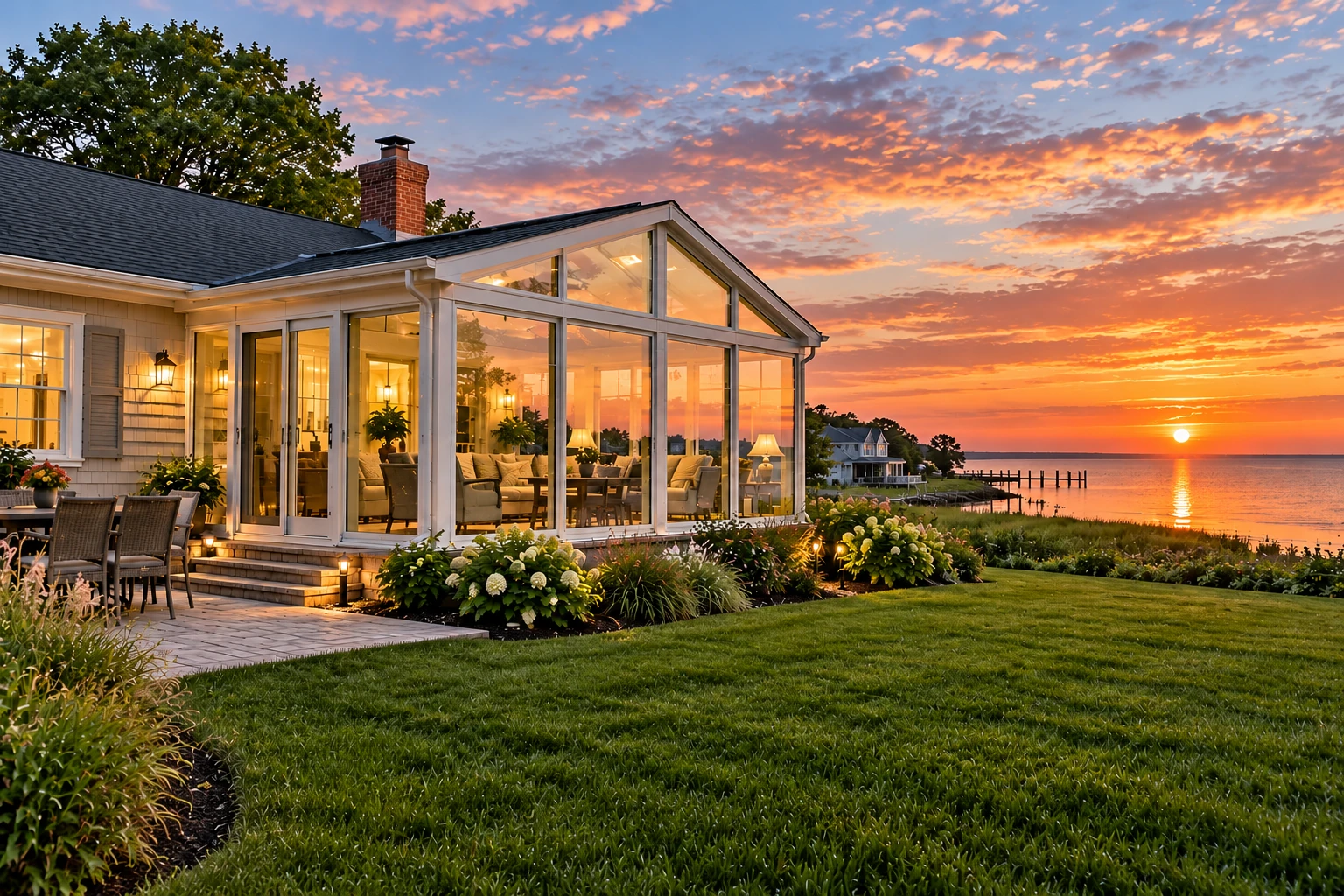 A glass sunroom with a peaked roof glows beside a waterfront home at sunset, with patio seating and a landscaped lawn.