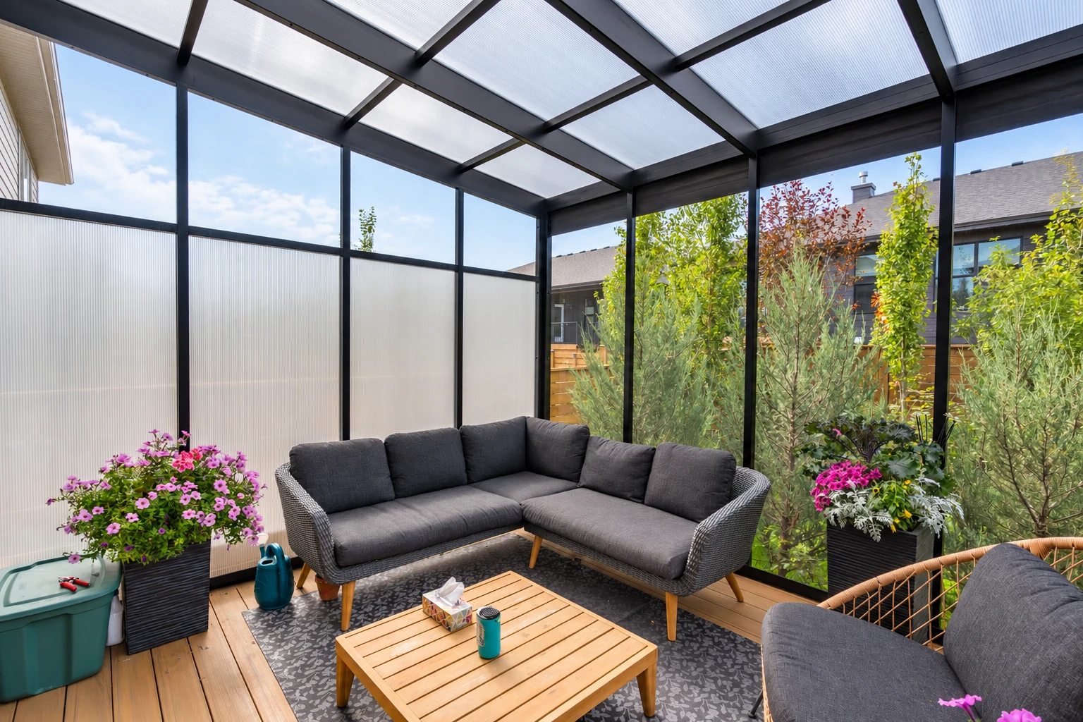 Screened sunroom with a dark metal frame, translucent roof panels, gray sectional seating, and potted flowers.