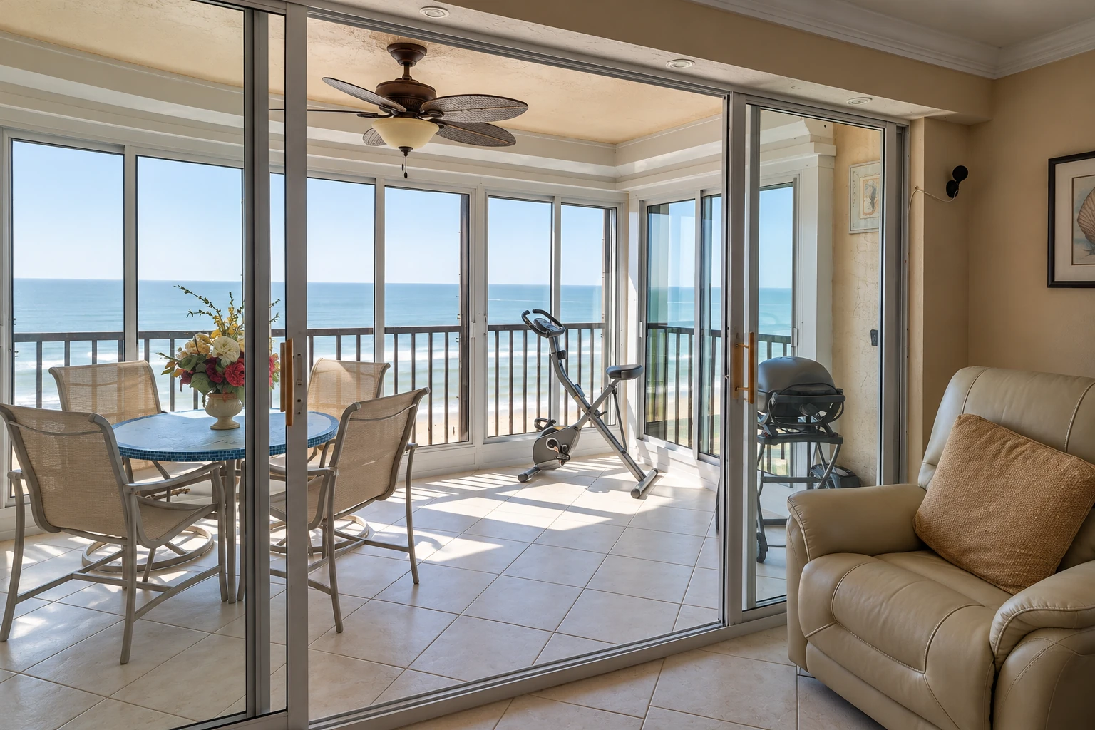 Glass-enclosed sunroom with ocean views, sliding doors, a dining set, exercise bike, and lounge chair.