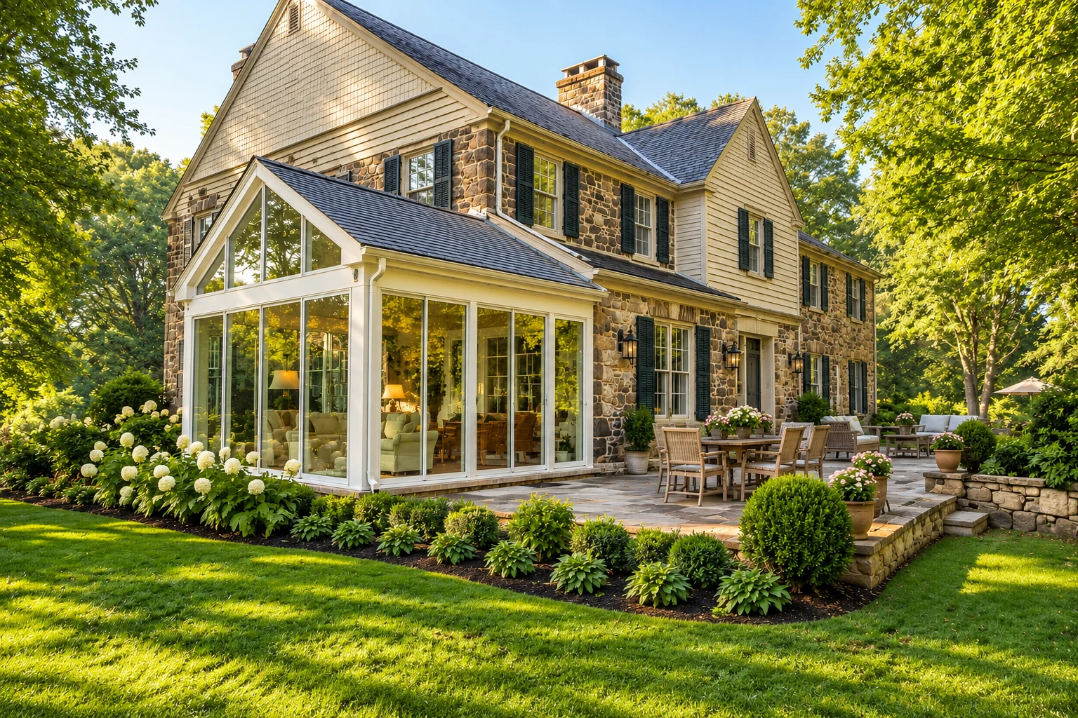Stone-and-siding home with a bright white-framed glass sunroom opening onto a landscaped patio.