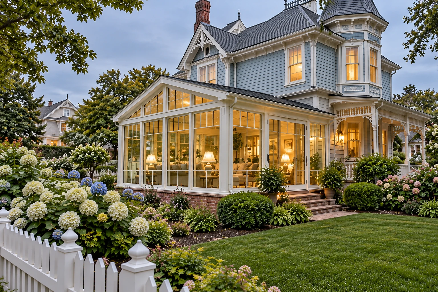 White-framed glass sunroom attached to a blue Victorian-style house, surrounded by flower beds and a white picket fence.